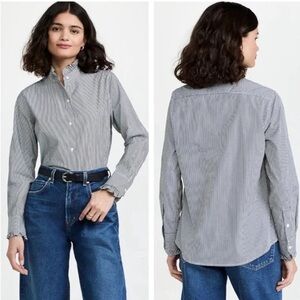 Nili Lotan Lydia Ruffle Neck & Cuff Pinstriped Shirt Blouse
